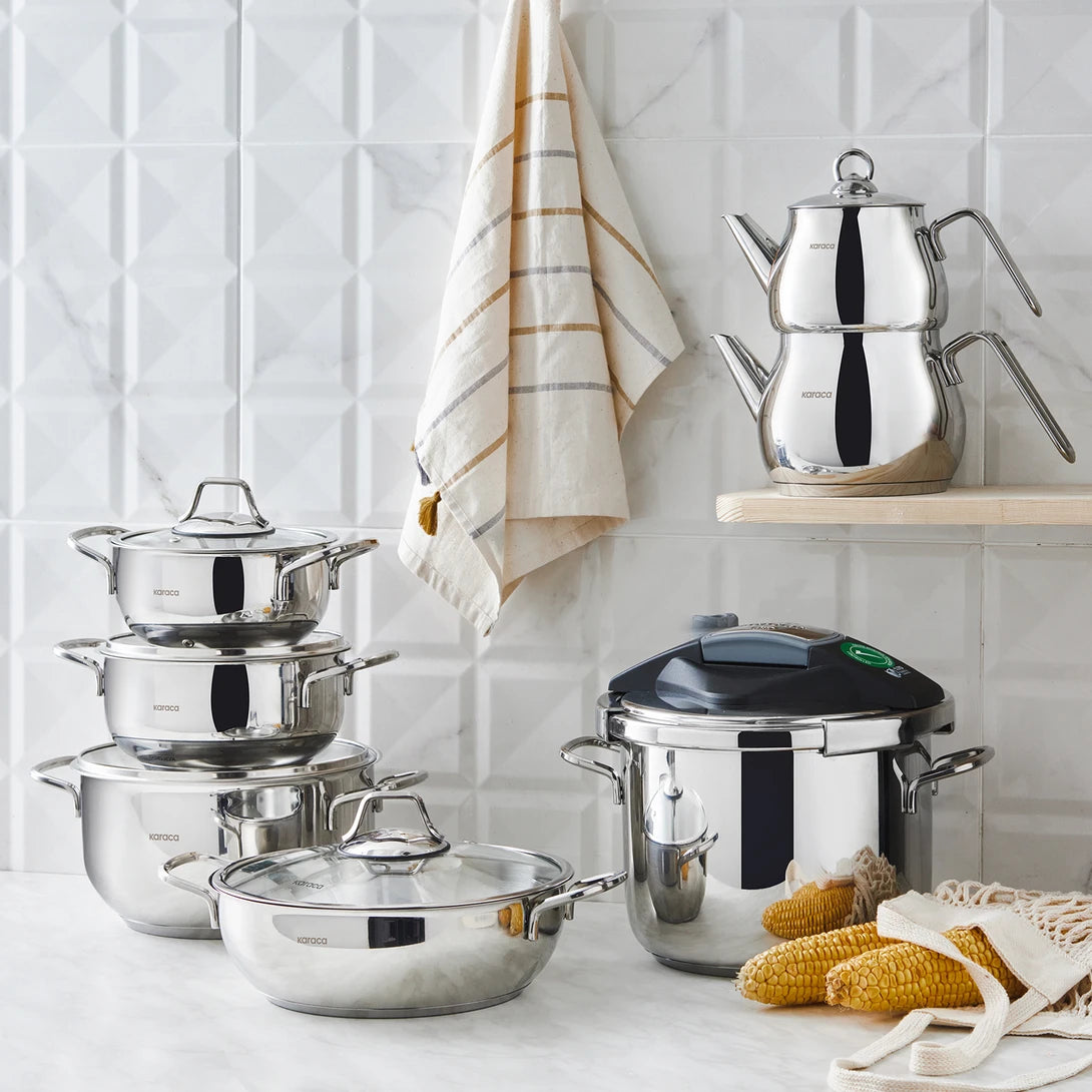 Karaca Sofia Induction Based 13 Piece Pressure Cooker Teapot Steel Dowry Set