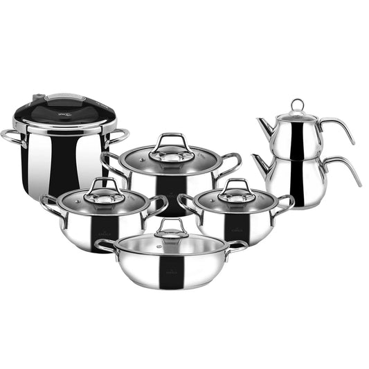 Karaca Sofia Induction Based 13 Piece Pressure Cooker Teapot Steel Dowry Set